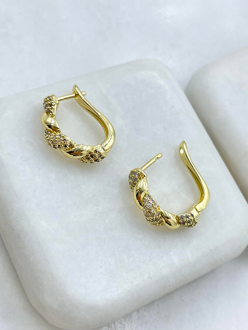 Altın Kaplama Gömme Taşlı ve Düz Model Burgu Küpe Gold