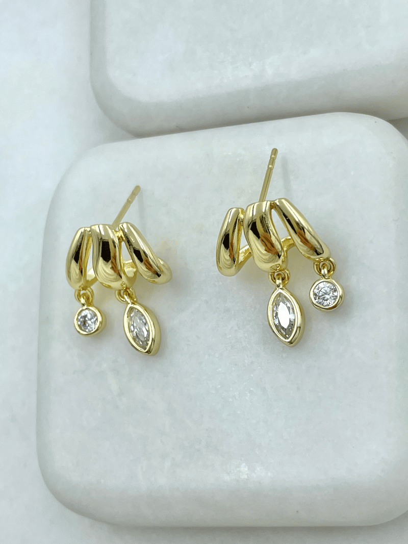 Özel Seri Üçlü Görünüm Kristal Taş Sallantılı Küpe Gold