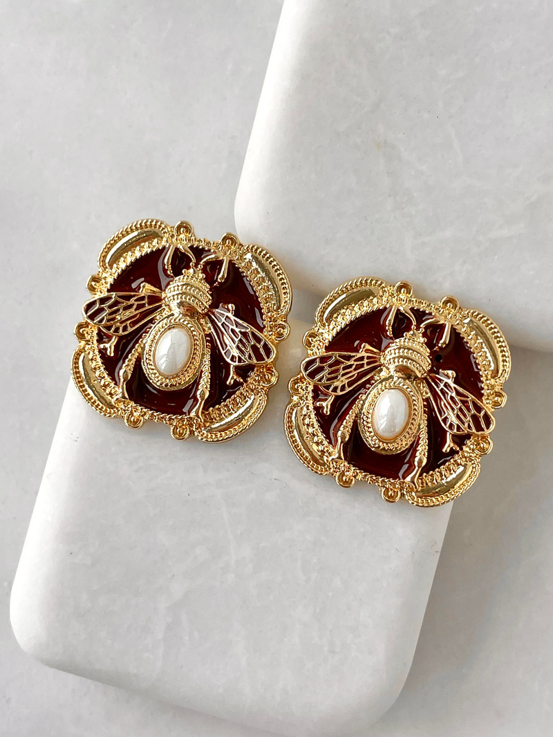 Altın Kaplama Mineli ve İncili Vintage Arı Küpe