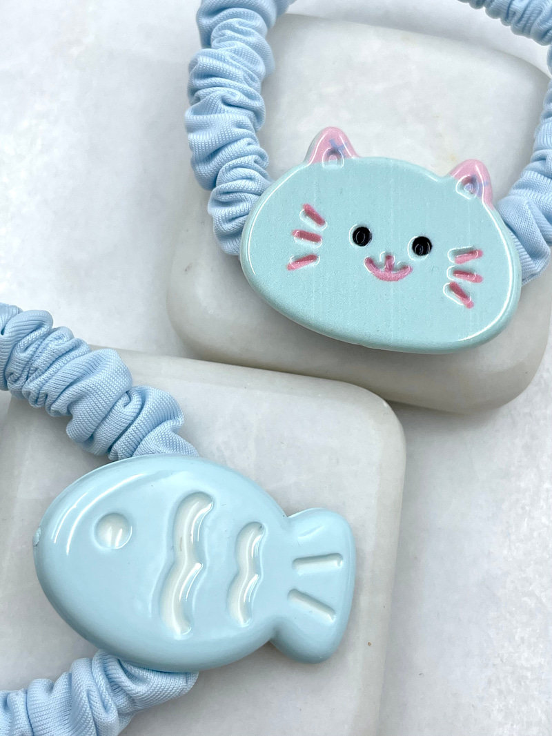 Kedi ve Balık İkili Scrunchie Toka Mavi