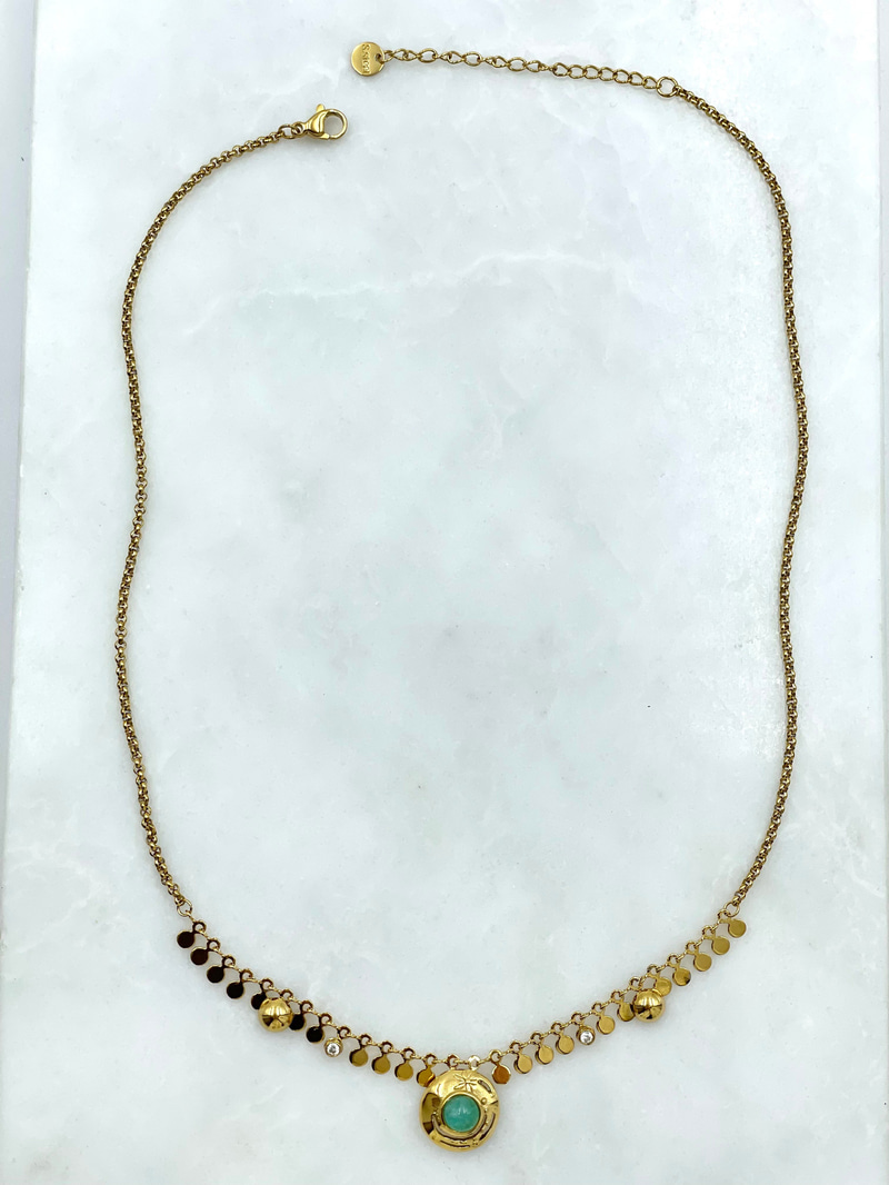 Turkuaz Doğal Taşlı Plaka Sallantılı Vintage Kolye Gold