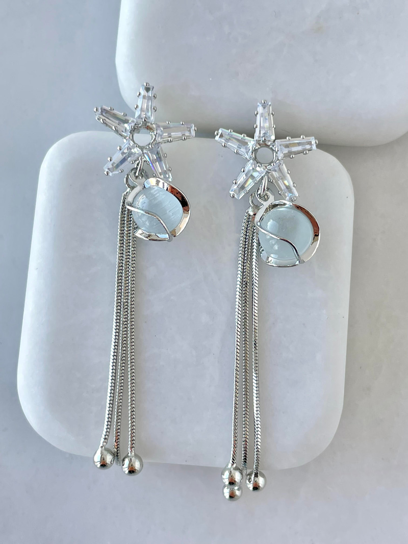 Altın Kaplama Opal ve Kristal Taşlı Yıldız Sallantılı Küpe Gümüş