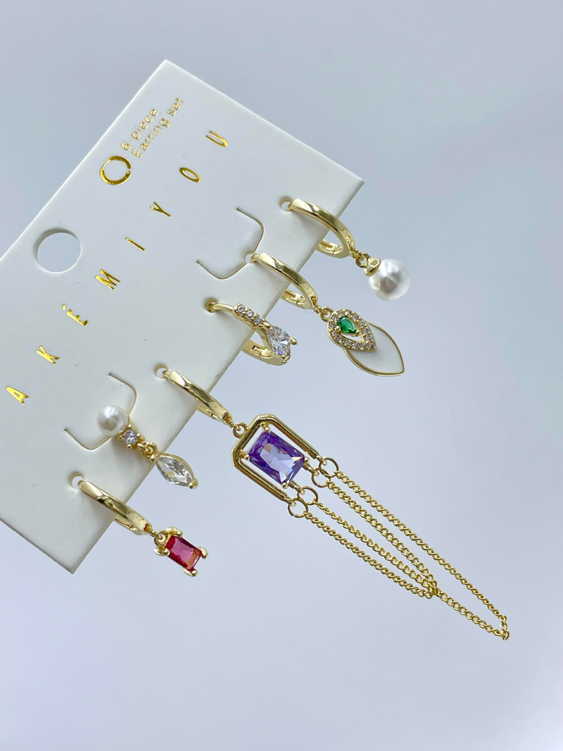 Özel Seri Altılı Renkli Kristal Taşlı ve İncili Küpe Seti Gold