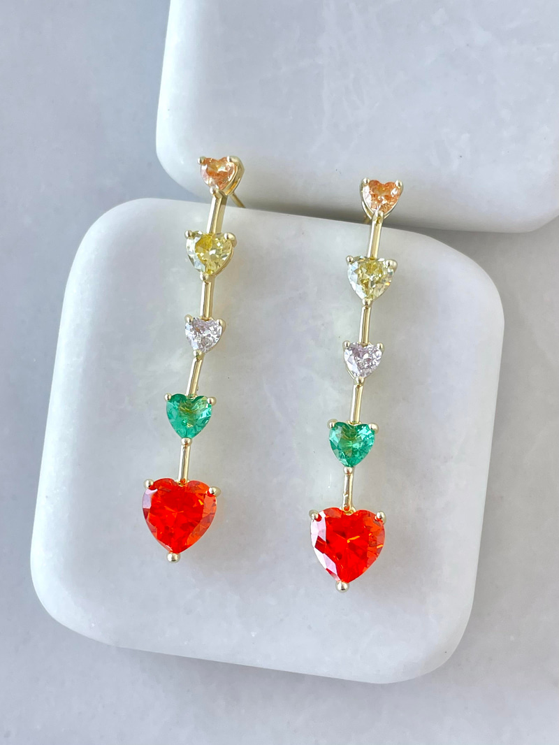 Altın Kaplama Renkli Kristal Kalp Sallantılı Küpe Gold