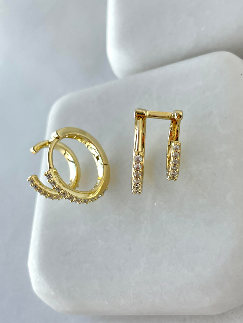 Özel Seri Gömme Taşlı İkili Görünüm Halka Küpe Gold