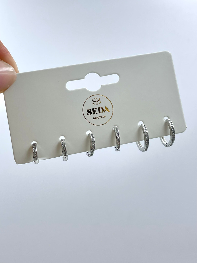 Altın Kaplama Altılı Gömme Taşlı Basic Halka Küpe Seti Gümüş