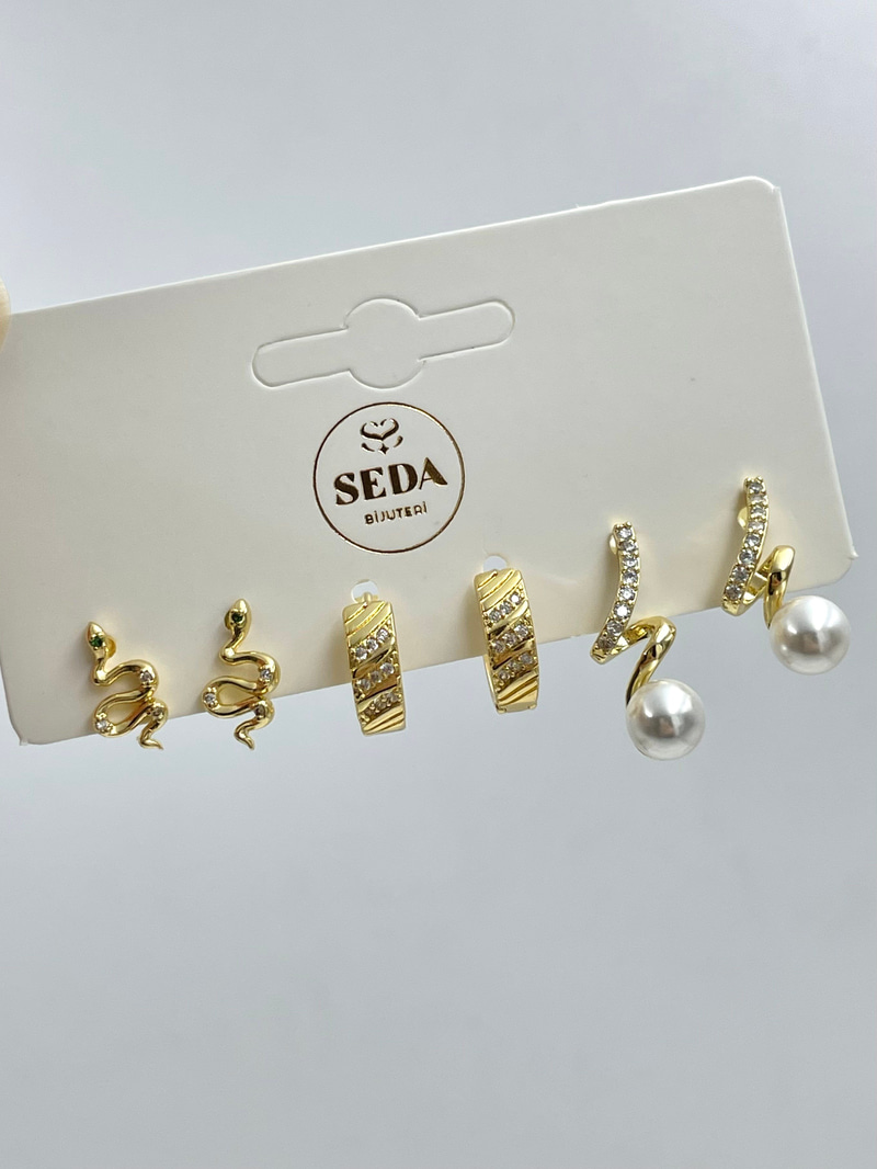 İnci ve Yılan Model Altılı Set Küpe Gold