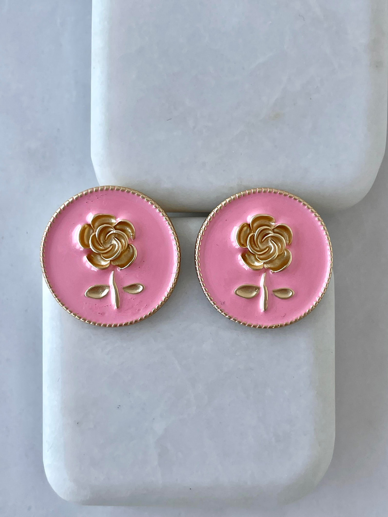 Altın Kaplama Mineli Vintage Gül Küpe Pembe