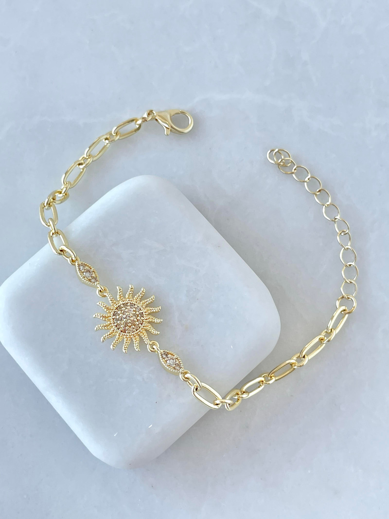 Gömme Taşlı Güneş Model Zincir Bileklik Gold