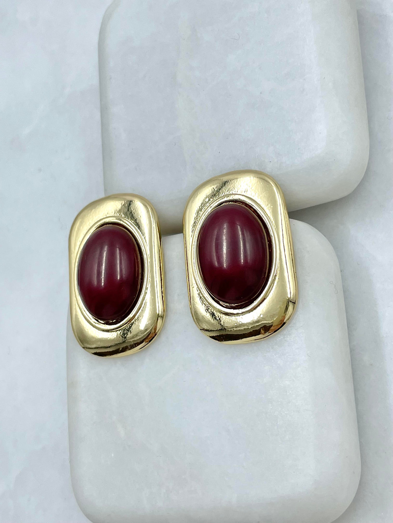 Altın Kaplama Gold Plaka Opal Taşlı Vintage Küpe Bordo