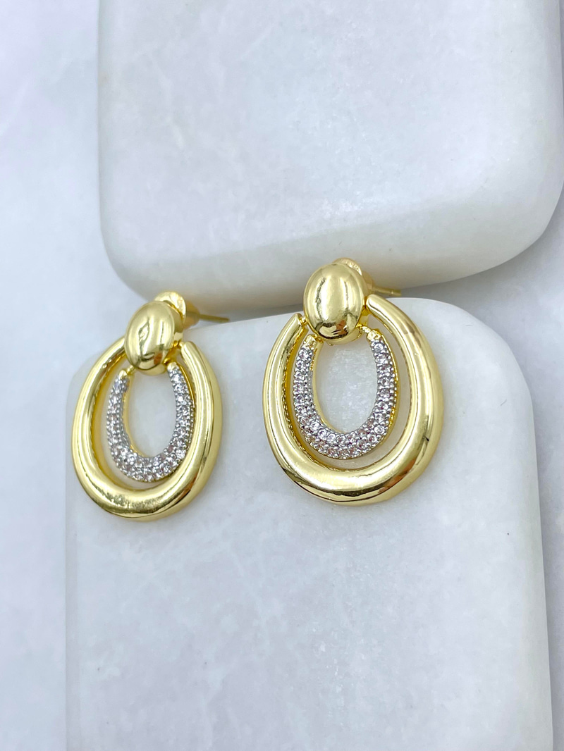 Altın Kaplama Gömme Taşlı Çift Renk İç İçe Küpe Gold