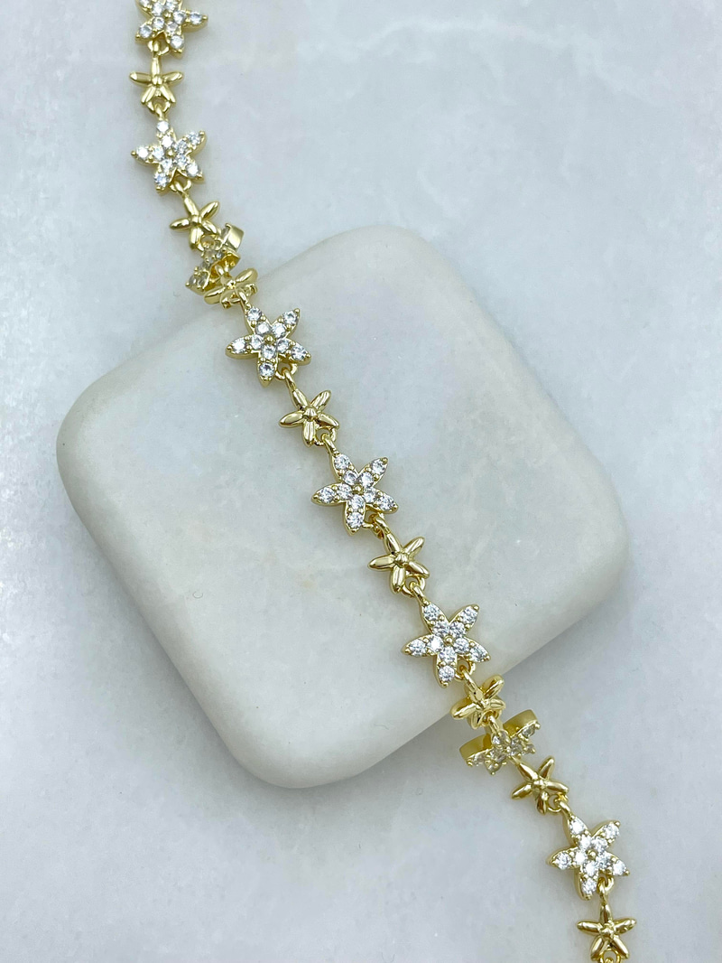 Altın Kaplama Kristal Taşlı Sıralı Çiçek Model Bileklik Gold