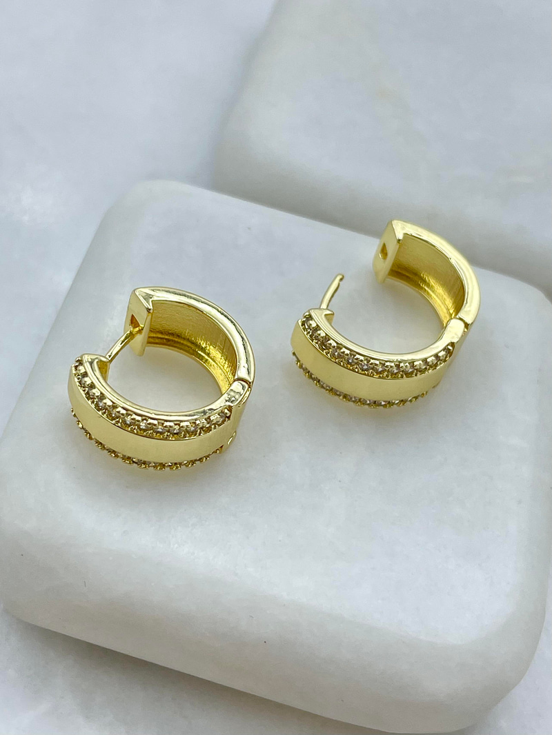Altın Kaplama Gömme Taş Kenarlı Halka Küpe Gold