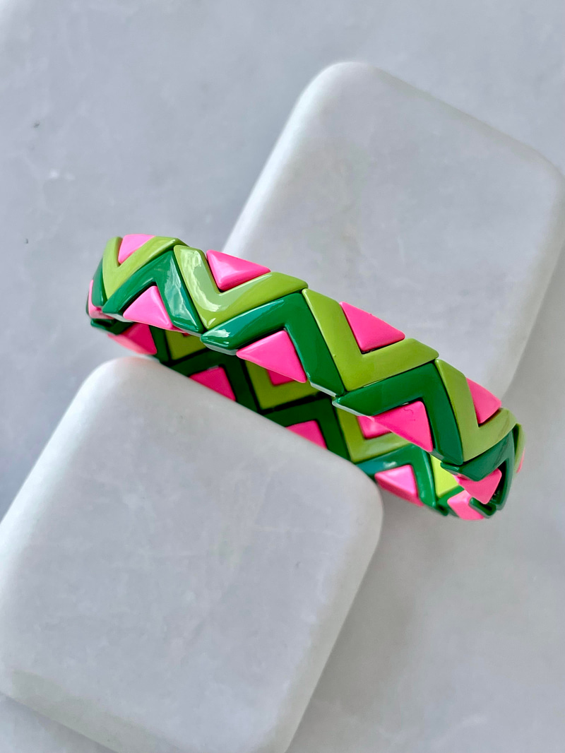 Porselen Kaplama Renkli Zigzag Bileklik Yeşil-Pembe