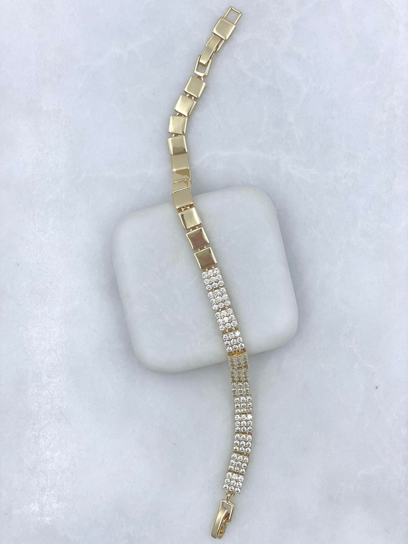 Altın Kaplama Kristal Taşlı Kareli Bileklik Gold