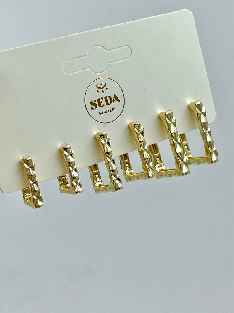X Desenli Dikdörtgen Altılı Küpe Seti Gold