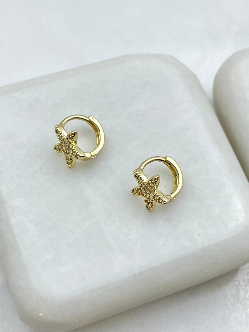 Altın Kaplama Gömme Taşlı Yıldız Model Minik Halka Küpe Gold