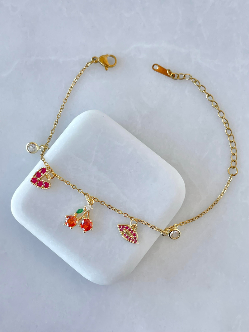 Çelik Kristal Kiraz Sallantılı Bileklik Gold