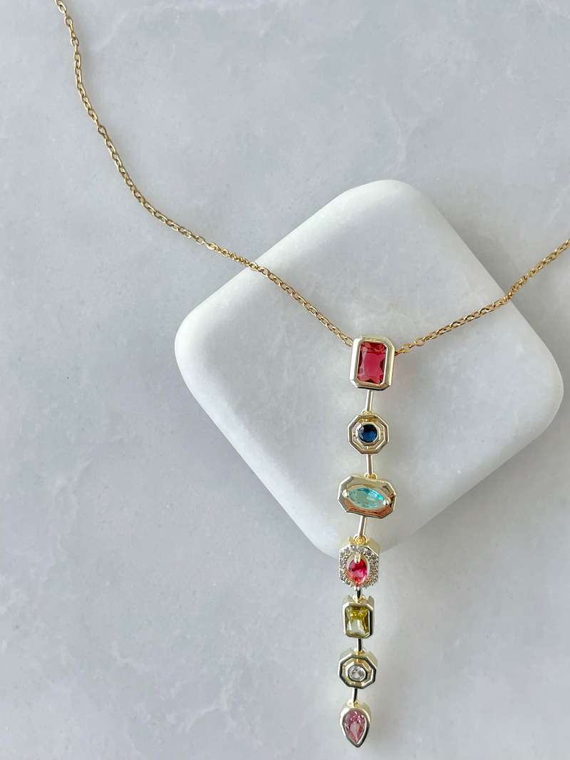 Çelik Renkli Geometrik Kristal Taşlı Y Model Kolye Gold