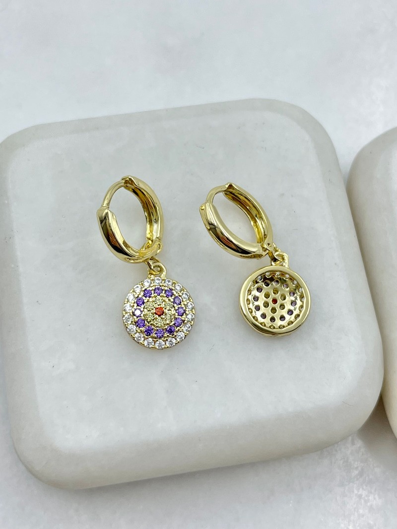 Özel Seri Mor Gömme Taşlı Daire Sallantılı Küpe Gold