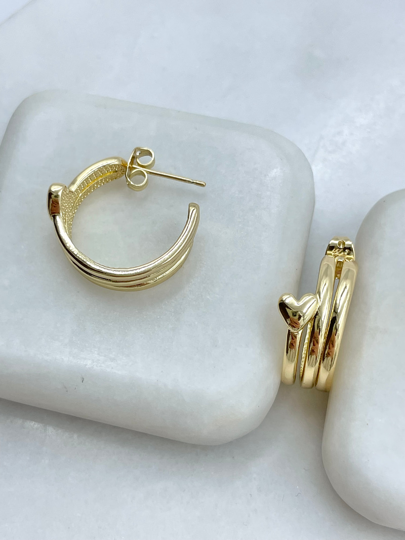 Özel Seri Kalp Detaylı Üç Şerit Halka Küpe Gold