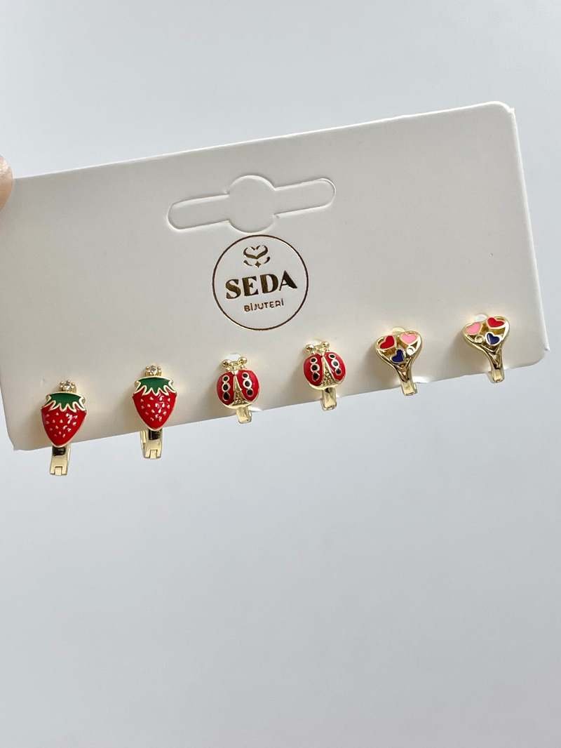 Özel Seri Çilek ve Uğur Böceği Altılı Set Küpe Gold