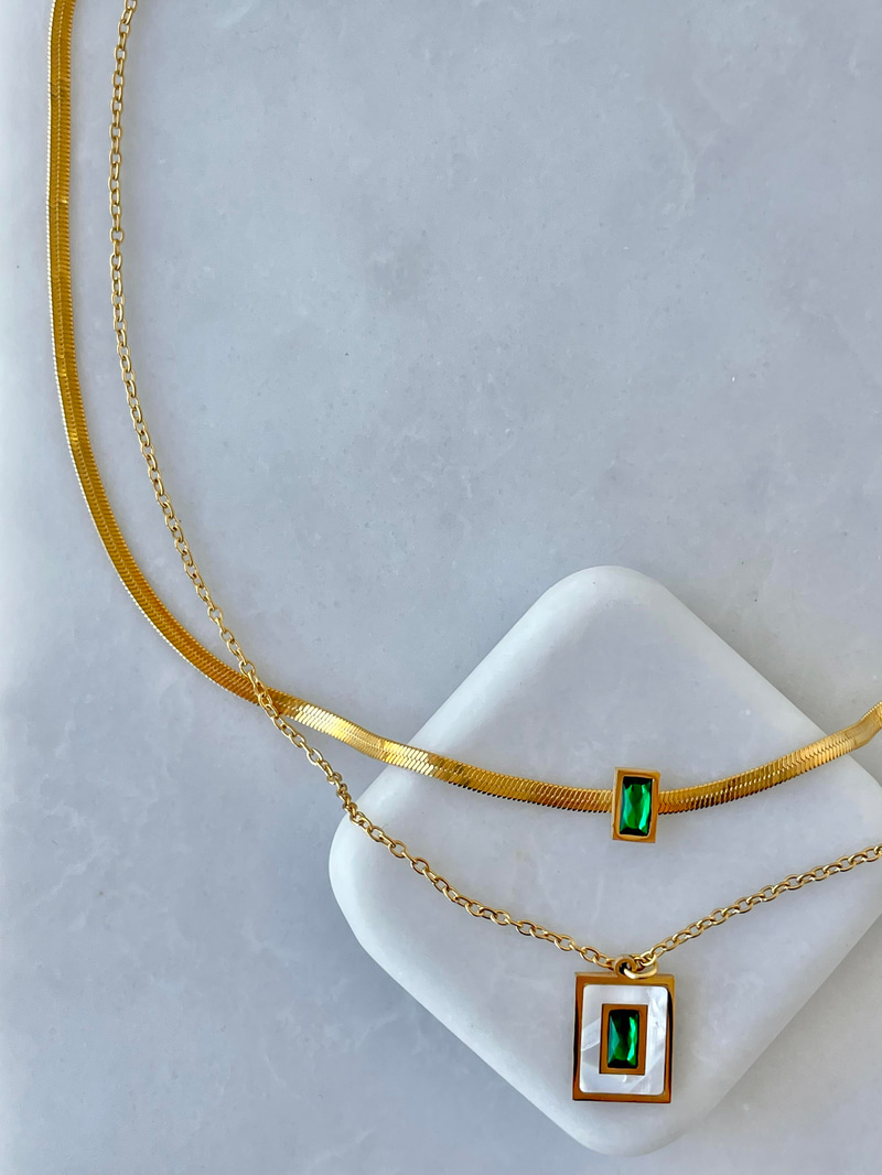 Çelik Yeşil Kristal Uçlu İkili Zincir Kolye Gold