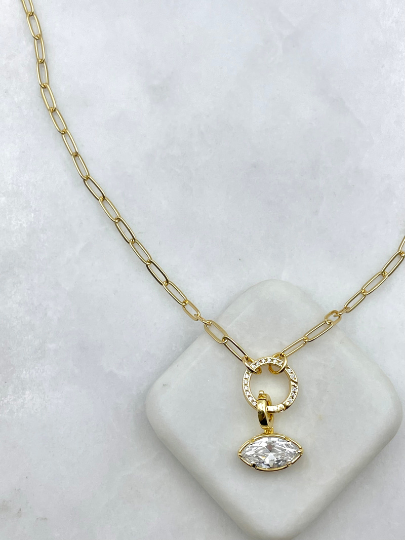 Oval Kristal Sallantılı Ataç Zincir Kolye Gold