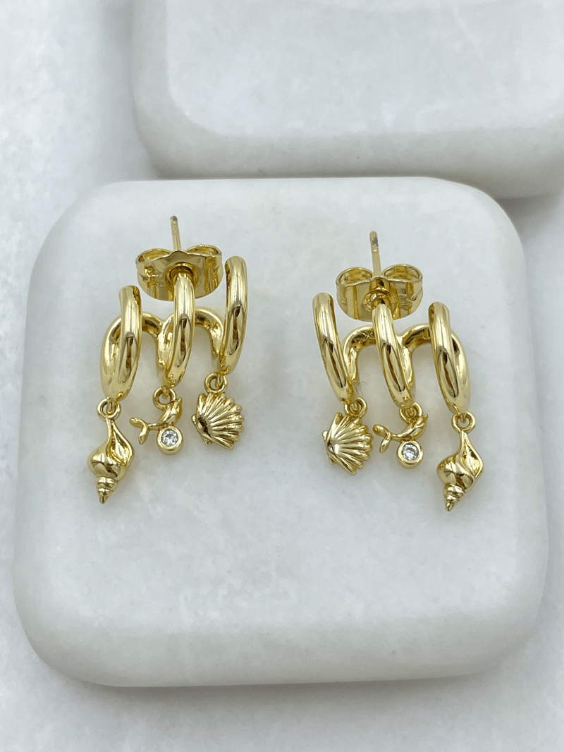 Özel Seri Üçlü Görünüm Deniz Temalı Halka Küpe Gold