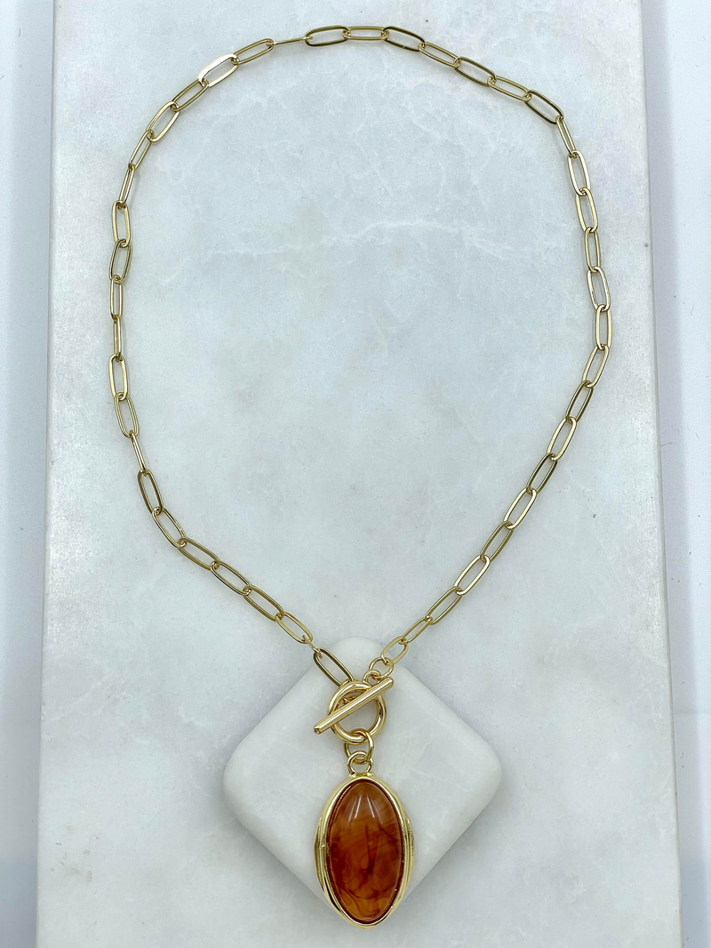 Altın Kaplama Oval Doğal Taşlı Önden Kilit Vintage Kolye Kehribar