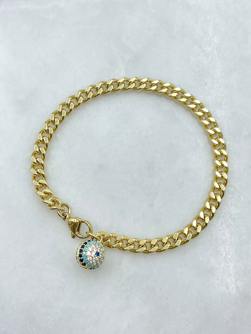 Özel Seri Zirkon Taşlı Nazar Sallantılı Ezme Zincir Bileklik Gold