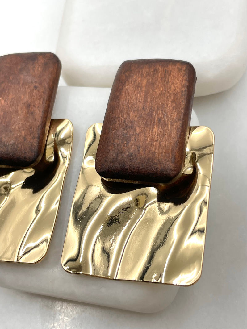 Altın Kaplama Gold Dalga Plaka Model Dikdörtgen Vintage Küpe Kahve