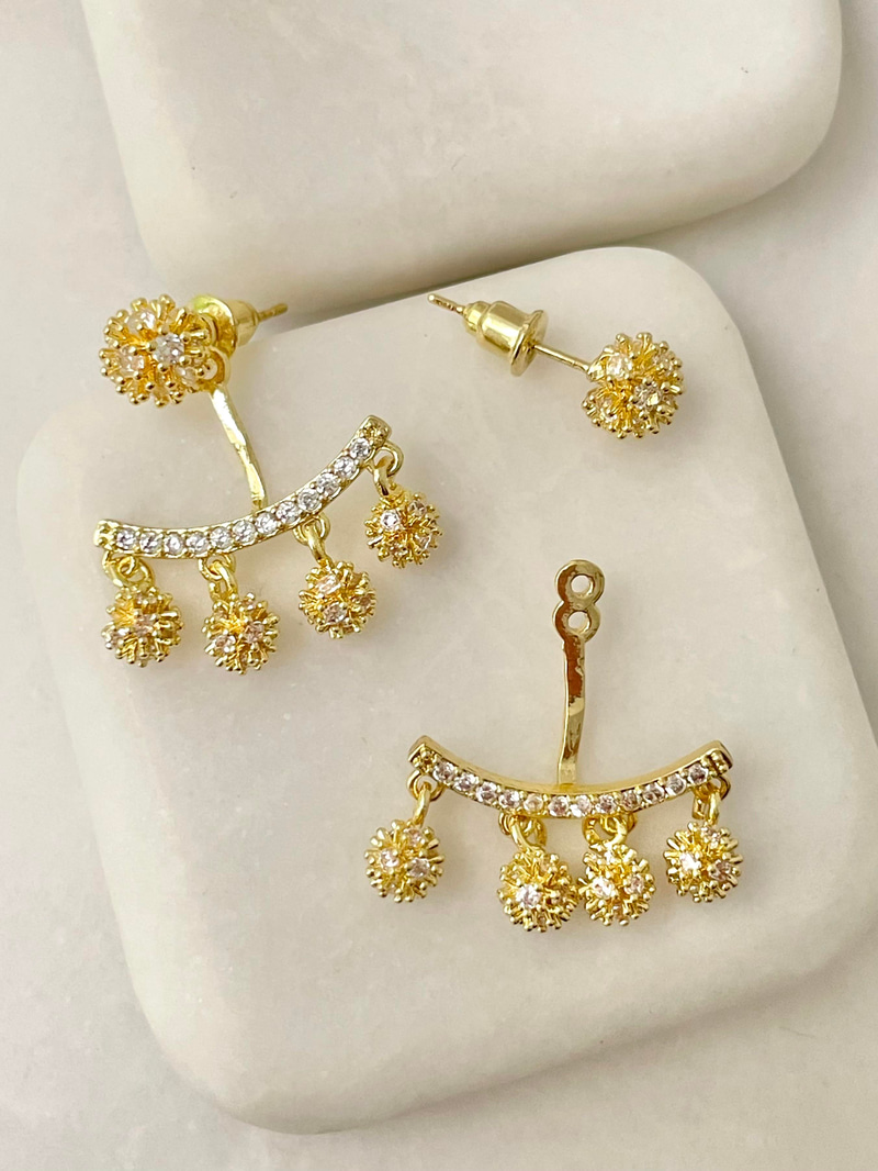 Altın Kaplama Kristal Taşlı Tasarım İkili Kullanım Küpe Gold