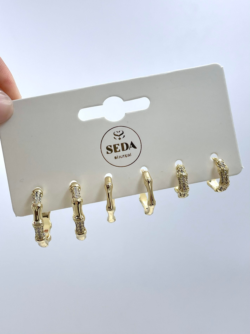 Altın Kaplama Altılı Gömme Taşlı Kemik Halka Küpe Seti Gold