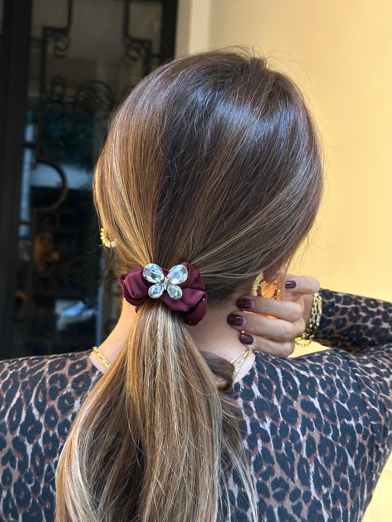 Kristal Kelebekli Premium Scrunchie Toka Bordo