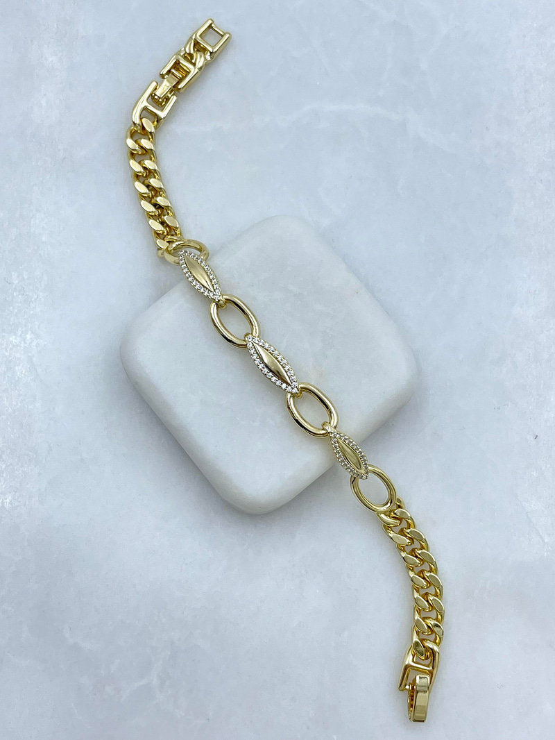 Özel Seri Gömme Taşlı Halka Geçmeli Zincir Bileklik Gold