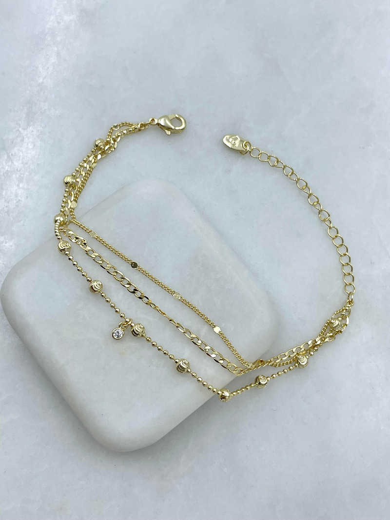 Altın Kaplama Işıltılı Topçuk Zincir Üç Sıra Bileklik Gold