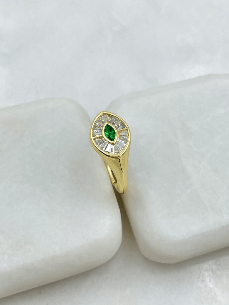 Altın Kaplama Yeşil Kristal ve Baget Taşlı Yüzük Gold