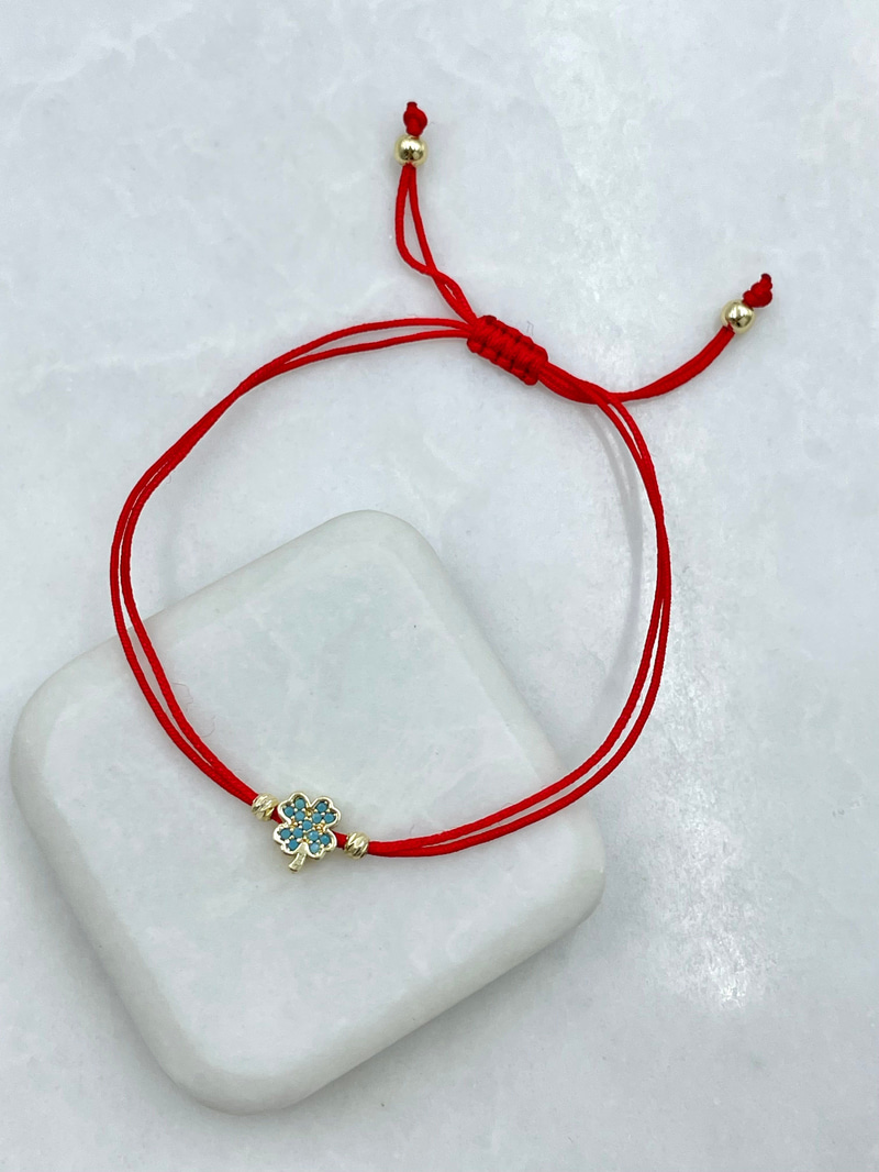 Altın Kaplama Mavi Mineli Yonca Model Kırmızı İp Bileklik Gold