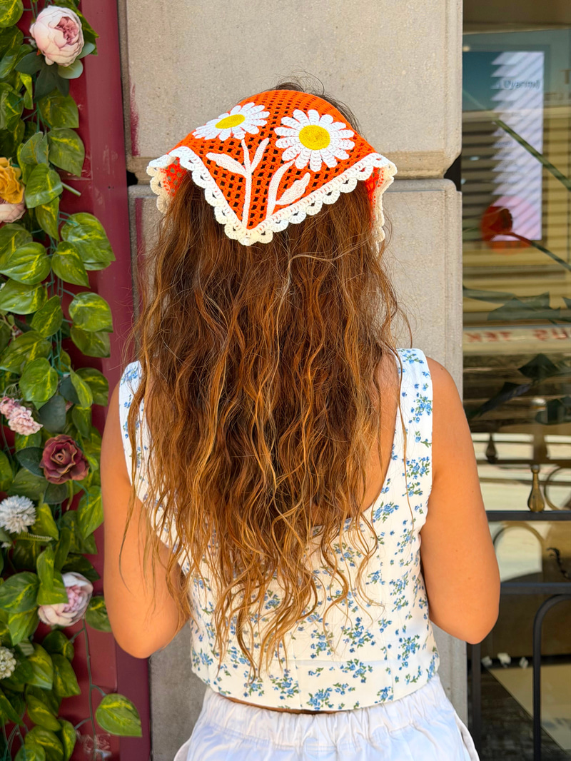 İkili Papatya Model Üçgen İpli Bandana Turuncu