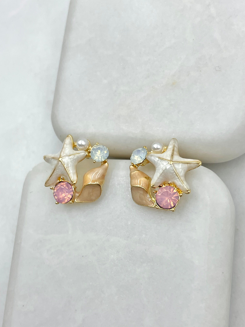 İncili Renkli Kristal Taşlı Deniz Yıldızı Küpe Gold