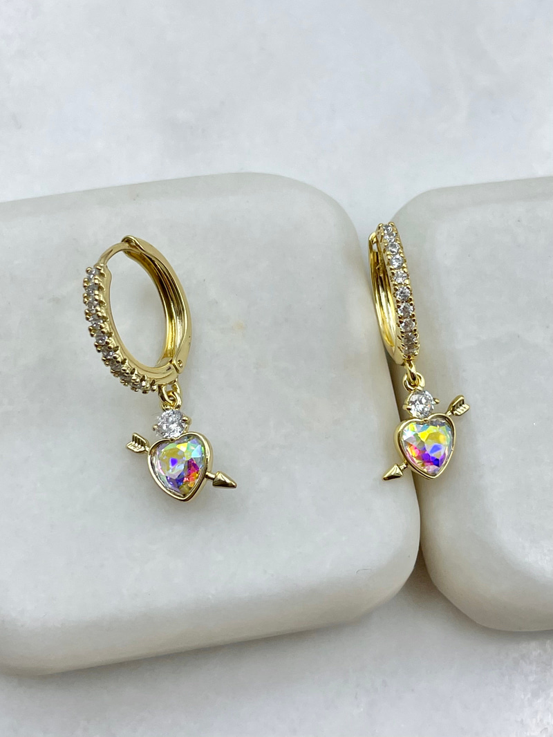 Özel Seri Swarovski Kalp Sallantılı Halka Küpe Gold