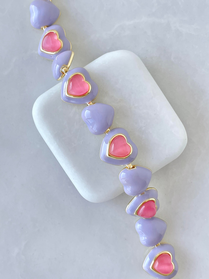 Altın Kaplama Pembe ve Mor Kalpli Bileklik Gold