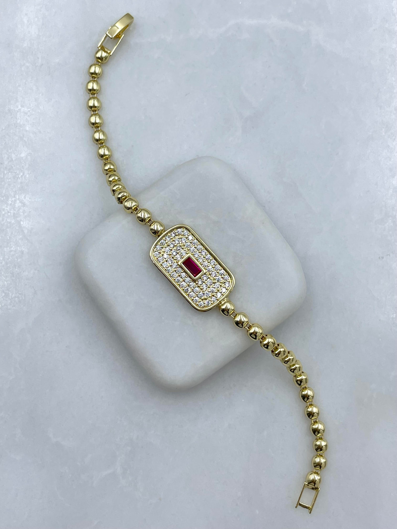 Altın Kaplama Kırmızı Kristal Taşlı Dikdörtgen Model Bileklik Gold