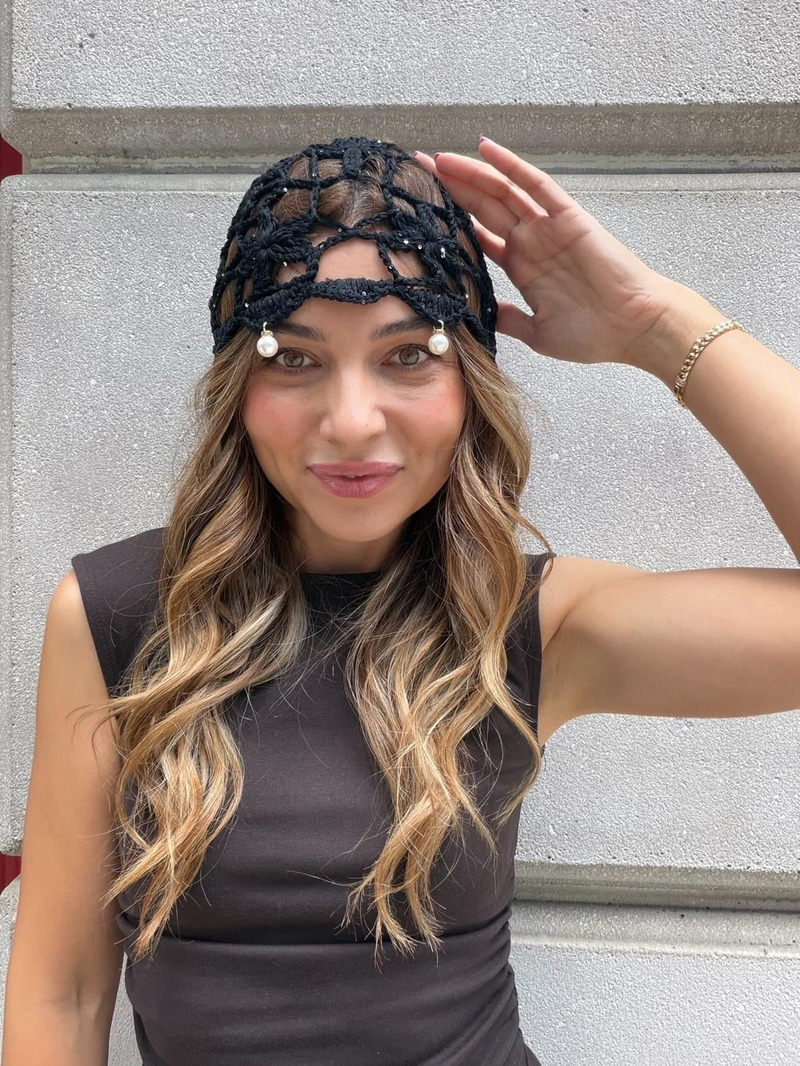 Boncuk Saçaklı File Bandana Şapka Siyah