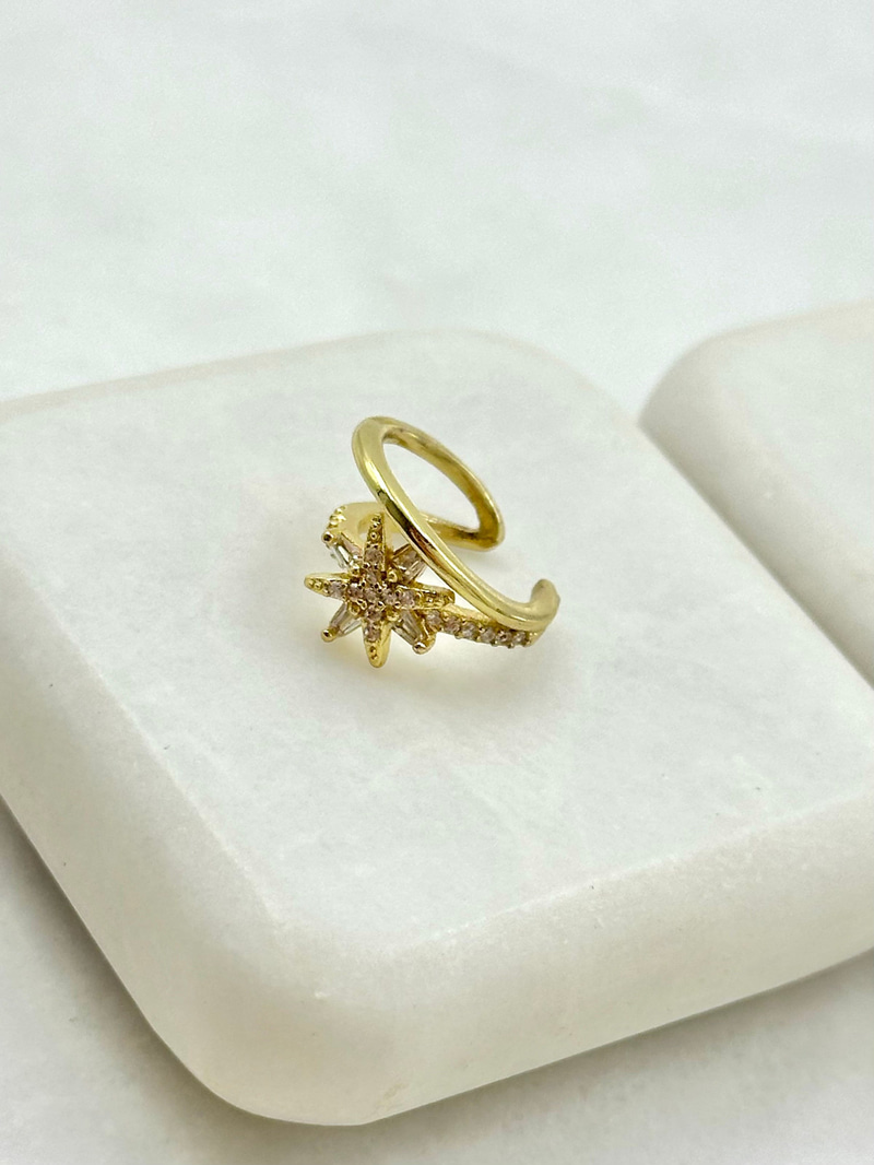 Gömme Taşlı Yıldız Model İki Sıra Kıkırdak Küpe Gold