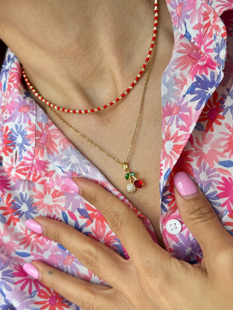 Çelik Gömme ve Kristal Taşlı Kiraz Kolye Gold