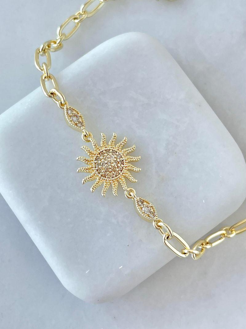 Gömme Taşlı Güneş Model Zincir Bileklik Gold