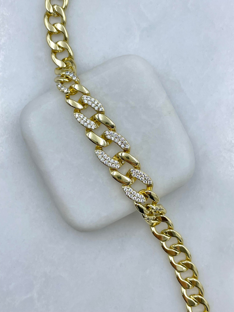 Özel Seri Gömme Taşlı Büyük Küçük Taşlı Zincir Bileklik Gold
