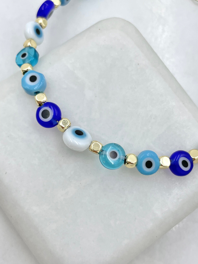 Altın Kaplama Mavi Kristal Taş Sallantılı Nazar Boncuklu Bileklik Gold
